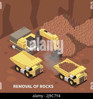 Arrière-plan isométrique des machines minières avec pelle hydraulique et deux tombereaux à benne basculante retrait des roches de l'illustration vectorielle 3d de carrière Illustration de Vecteur