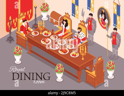 Composition de repas intérieur royal du château isométrique avec texte et intérieur vue de la salle à manger dans l'illustration vectorielle du palais Illustration de Vecteur