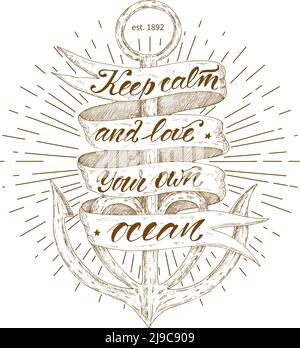 Dessinez l'étiquette du ruban marin avec l'inscription d'ancrage et le soleil illustration vectorielle isolée de style vintage Illustration de Vecteur