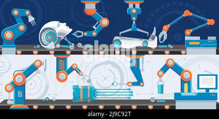 Bannières horizontales pour l'automatisation industrielle avec lignes de production robotisées et mécaniques illustration vectorielle des produits d'assemblage arms Illustration de Vecteur