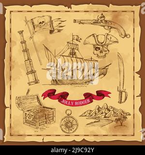 Pirate éléments dessiné à la main concept avec coffre au Trésor et arme sur papier ancien avec illustration vectorielle Illustration de Vecteur