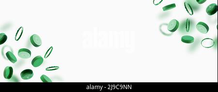 Bouchons de bouteille verts pour recyclage sur fond blanc. Capuchons en plastique volant, flottant. Le concept de sécurité contre les dommages environnementaux. Banque D'Images