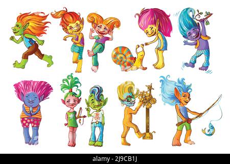 Dessin animé drôle troll personnages ensemble avec différentes couleurs de peau et dans diverses situations, illustration vectorielle isolée Illustration de Vecteur