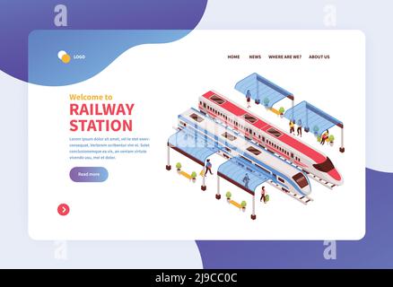 Gare isométrique concept bannière site web page d'atterrissage conception avec des liens cliquables et une illustration vectorielle de texte modifiable Illustration de Vecteur