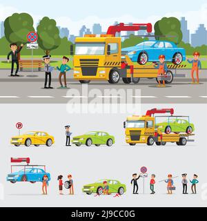 Concept d'évacuation de voiture avec les chauffeurs policiers et levage d'automobiles illustration du vecteur de remorquage de chargement Illustration de Vecteur