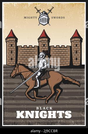 Affiche médiévale d'époque colorée avec chevalier blindé et équitation de lance illustration de vecteur cheval et château ou forteresse Illustration de Vecteur