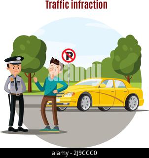 Concept coloré de violation de la circulation avec conducteur policier parlant et jaune illustration d'un véhicule sans zone de stationnement Illustration de Vecteur