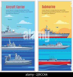 Des banderoles verticales de navires militaires avec des bateaux de combat de différents types et illustration du vecteur de construction Illustration de Vecteur