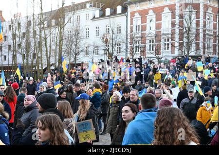 Manifestation anti-guerre à Aarhus (Danemark) le 26 février 2022. Manifestation contre la guerre en Ukraine. Montrer des gens avec des bannières et un fla ukrainien Banque D'Images