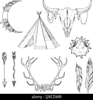 Esquissez des éléments de boho avec des flèches à tête bombée en croissant ornées tente de tipi soleil bohème tatouage plumes fleur et cornes isolées illustration vectorielle Illustration de Vecteur