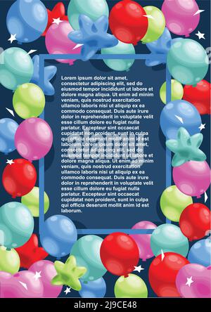 Modèle joyeux anniversaire avec texte de message d'accueil dans un cadre rectangulaire et l'illustration vectorielle des bulles colorées Illustration de Vecteur