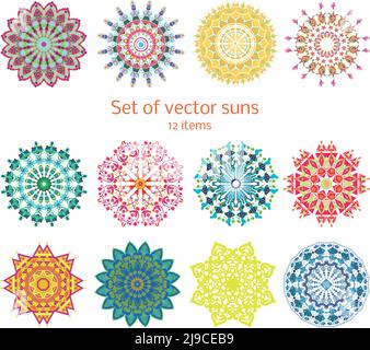 Ensemble coloré décoratif de soleil d'été ensemble de différentes couleurs et illustration de vecteur isolé de structure répétée Illustration de Vecteur