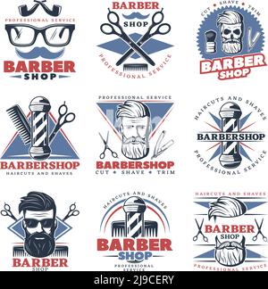 Ensemble de neuf emblèmes colorés isolés avec personnage de boxeur images barbershop accessoires décoratifs et légendes illustration vectorielle Illustration de Vecteur