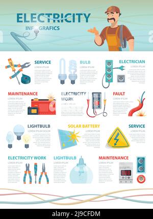 Modèle d'infographie pour électricien professionnel avec outils électriques colorés et illustration vectorielle des éléments Illustration de Vecteur