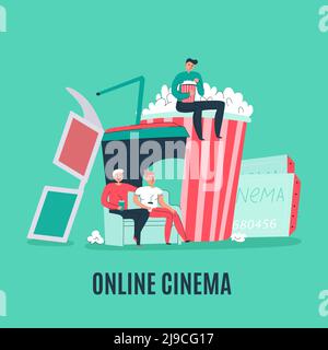 Composition d'un plat de cinéma avec billets de pop-corn, verres 3d et personnes visionnement de films en ligne illustration vectorielle Illustration de Vecteur