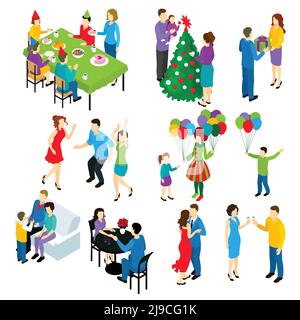 Ensemble isométrique de personnages isolés célébrant les vacances en couple amis groupes enfants décorations colorées ballons illustration vectorielle Illustration de Vecteur