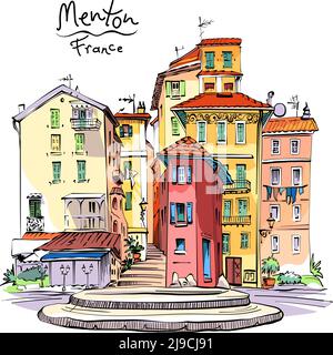 Dessin manuel vectoriel. Maisons provençales colorées typiques à Menton, Provence, France Illustration de Vecteur