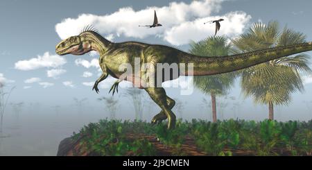 Le ptérosaure de Dimorphodon survole un dinosaure carnivore théropode Monolosaurus dans une zone humide. Banque D'Images