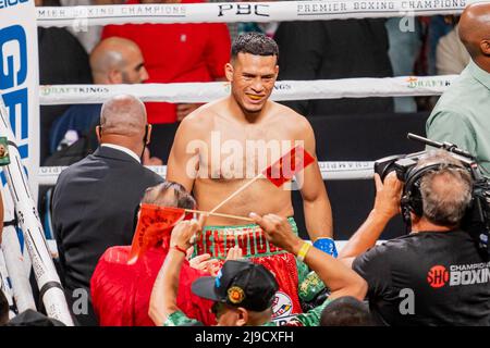 GLENDALE, AZ - 21 MAI : David Benavidez combat David Lemieux dans leur combat de super midlewhuit lors de l'épreuve de championnat intérimaire de Benavidez v Lemieux: WBC à Gila River Arena le 21 mai 2022, à Glendale, États-Unis. (Photo de Raul Vazquez/PxImages) Banque D'Images