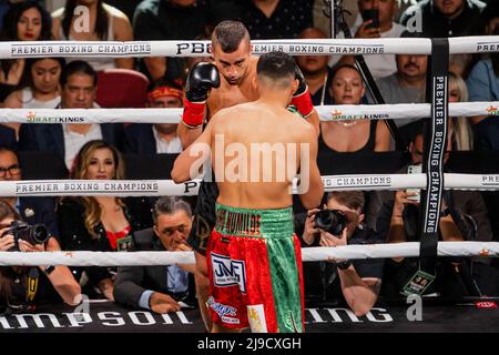 GLENDALE, AZ - 21 MAI : David Benavidez combat David Lemieux dans leur combat de super midlewhuit lors de l'épreuve de championnat intérimaire de Benavidez v Lemieux: WBC à Gila River Arena le 21 mai 2022, à Glendale, États-Unis. (Photo de Raul Vazquez/PxImages) Banque D'Images