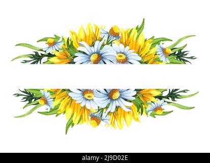 Couronne florale aquarelle avec tournesols et fleurs de camomille, feuilles, feuillage, branches, feuilles de fougères et place pour le texte. Parfait pour un mariage, sur invitation Banque D'Images