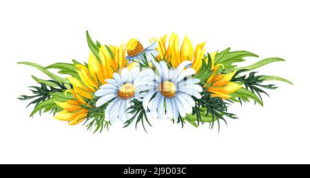 Couronne florale aquarelle avec tournesols et fleurs de camomille, feuilles, feuillage, branches, feuilles de fougères et place pour le texte. Parfait pour un mariage, sur invitation Banque D'Images