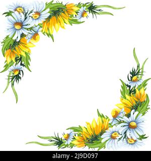 Couronne florale aquarelle avec tournesols, chamomiles, feuilles, feuillage, branches, fougères et place pour votre texte. Parfait pour les invitations de mariage, Banque D'Images