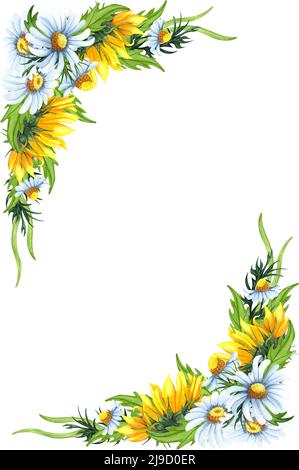 Couronne florale aquarelle avec tournesols, chamomiles, feuilles, feuillage, branches, fougères et place pour votre texte. Parfait pour les invitations de mariage, Banque D'Images