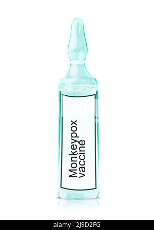 Monkeypox POxvirus vaccin flacon en verre ampoule avec médicament en bleu isolé sur fond blanc avec clipping path close-up, Pharmacologie Beauté Banque D'Images