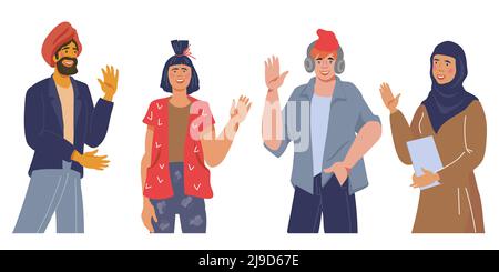 Groupe multiracial de personnes debout et souriant, illustration vectorielle plate isolée. Illustration de Vecteur
