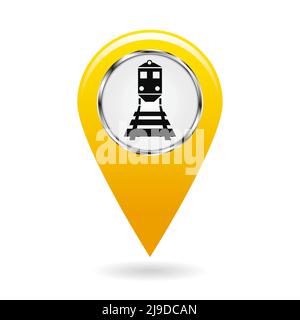 Pointeur de carte. Indice du trafic ferroviaire. Le train et la locomotive. Risque de collision ou de collision. Symbole de sécurité. Objet jaune sur fond blanc. Vect Illustration de Vecteur