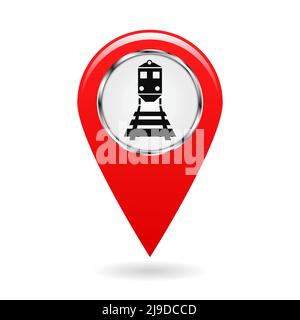 Pointeur de carte. Indice du trafic ferroviaire. Le train et la locomotive. Risque de collision ou de collision. Symbole de sécurité. Objet rouge sur fond blanc. Vecteur Illustration de Vecteur