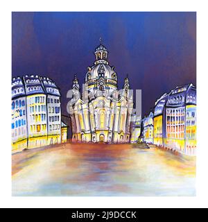 Croquis de Dresden Frauenkirche, église luthérienne de notre-Dame, la nuit à Dresde, Saxe, Allemagne Banque D'Images
