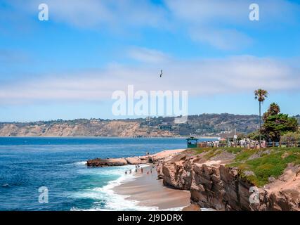 La Jolla, CA, États-Unis - juillet 24 2015 : vue sur la Jolla Cove, avec visiteurs et nageurs, en été. Banque D'Images
