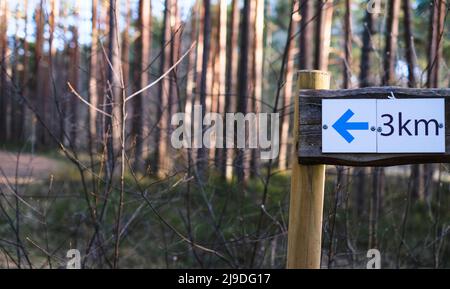 Un poteau en bois avec un indicateur de la direction et de la distance d'un itinéraire de marche dans une zone de parc forestier. Banque D'Images