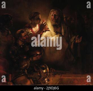Le déni de Saint Pierre, par Rembrandt. Cette peinture dépeint la scène où, après l'arrestation de Jésus, Saint Pierre nie le connaître lorsqu'il est conconfesté par les autorités. Banque D'Images