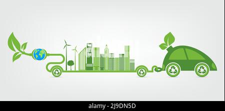 Écologie et environnement concept CityScape, symbole voiture avec feuilles vertes autour des villes aider le monde avec des idées écologiques Illustration de Vecteur