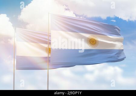 Ciel bleu ensoleillé et drapeaux de l'argentine et de l'argentine Banque D'Images