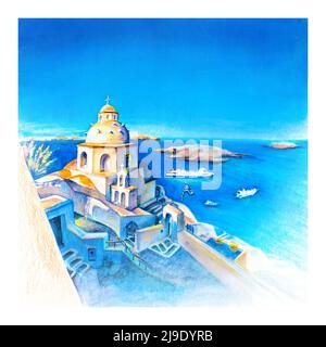 Croquis aquarelle de Fira, capitale moderne de l'île grecque de la mer Égée, Santorin Banque D'Images