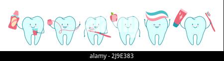 Ensemble de mascottes dentaires à dessin animé. Dents de kawaii orthodontiques avec brosse à dents, dentifrice, soie dentaire, bain de bouche. Nettoyage de la bouche, santé hygiène buccale concept. Dentisterie vecteur bébé Illustration de Vecteur