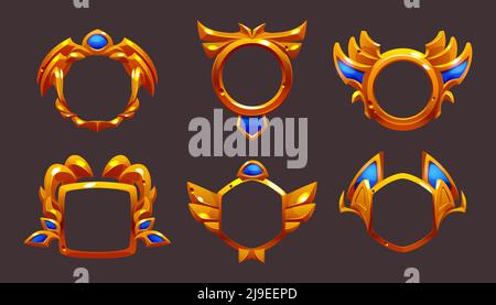 Cadres dorés vides pour les badges de récompense, médailles pour la victoire dans le jeu, première place dans la compétition. Icônes de dessin animé vecteur ensemble de fantasy or bordures avec des éléments bleus isolés sur l'arrière-plan Illustration de Vecteur