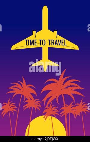 Temps de voyage Poster avion dans le ciel, décollage, palmiers, suncet. Affiche vintage des fêtes d'été, bannière. Arrière-plan de l'illustration vectorielle, prospectus, véhicule postal Illustration de Vecteur