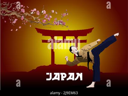 Sports de combat orientaux. Karate sur le japon. Illustration vectorielle colorée 3D. Illustration de Vecteur