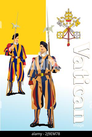 Deux gardes suisses sur fond de drapeau du Vatican. 3d illustration vectorielle Illustration de Vecteur