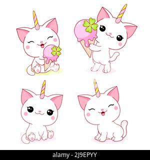 Décor de style kawaii. Petit chat licorne à la crème glacée. licorne chaton blanc heureux. Collection de personnages magiques de dessins animés. Illustration vectorielle Illustration de Vecteur