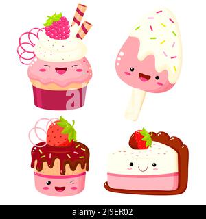 Ensemble de gâteau mignon, muffin, cupcake, popsicle, cheesecake. Collection de personnages de desserts sucrées kawaii avec visage souriant et joues roses pour les sucreries Illustration de Vecteur