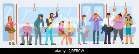 Différents passagers à l'intérieur d'un train de métro bondé illustration Illustration de Vecteur