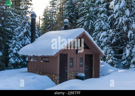 Une voûte de toilettes en hiver, couverte de neige, États-Unis Banque D'Images