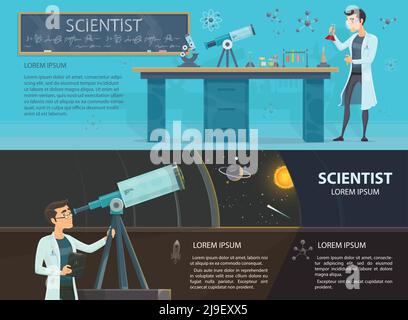 Science banderoles horizontales colorées avec des scientifiques faisant des expériences chimiques et en regardant à travers l'illustration du vecteur du télescope Illustration de Vecteur