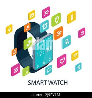 Concept de Smart Watch portable isométrique avec différentes icônes carrées colorées et les signes de l'application illustration vectorielle Illustration de Vecteur